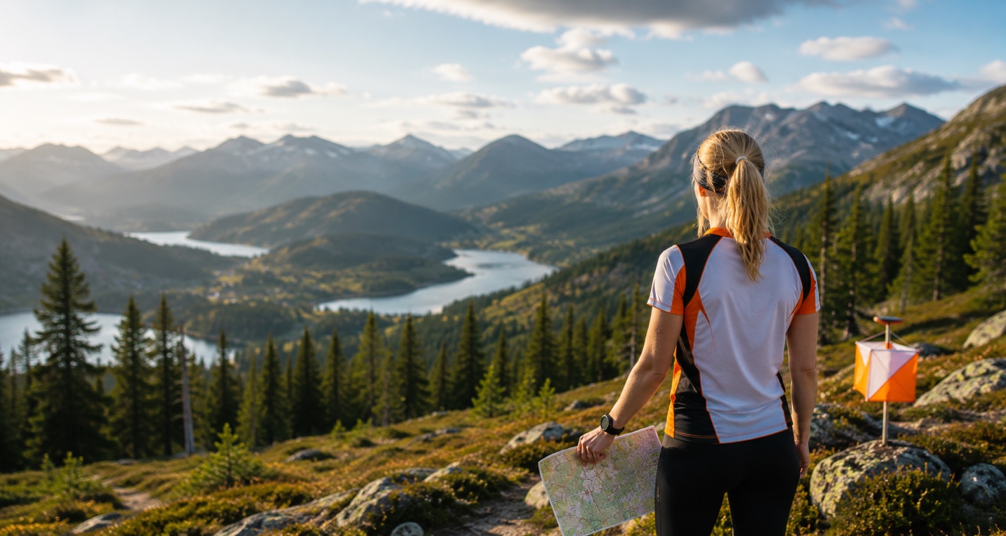 An orienteer holding a map above a mountain lake beside a control flag