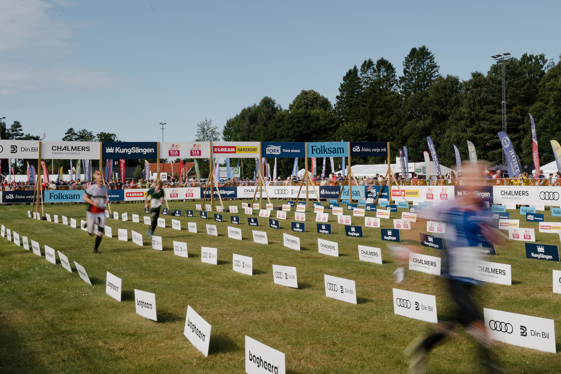 Rows of orange and white control markers in the finish chute at O-Ringen