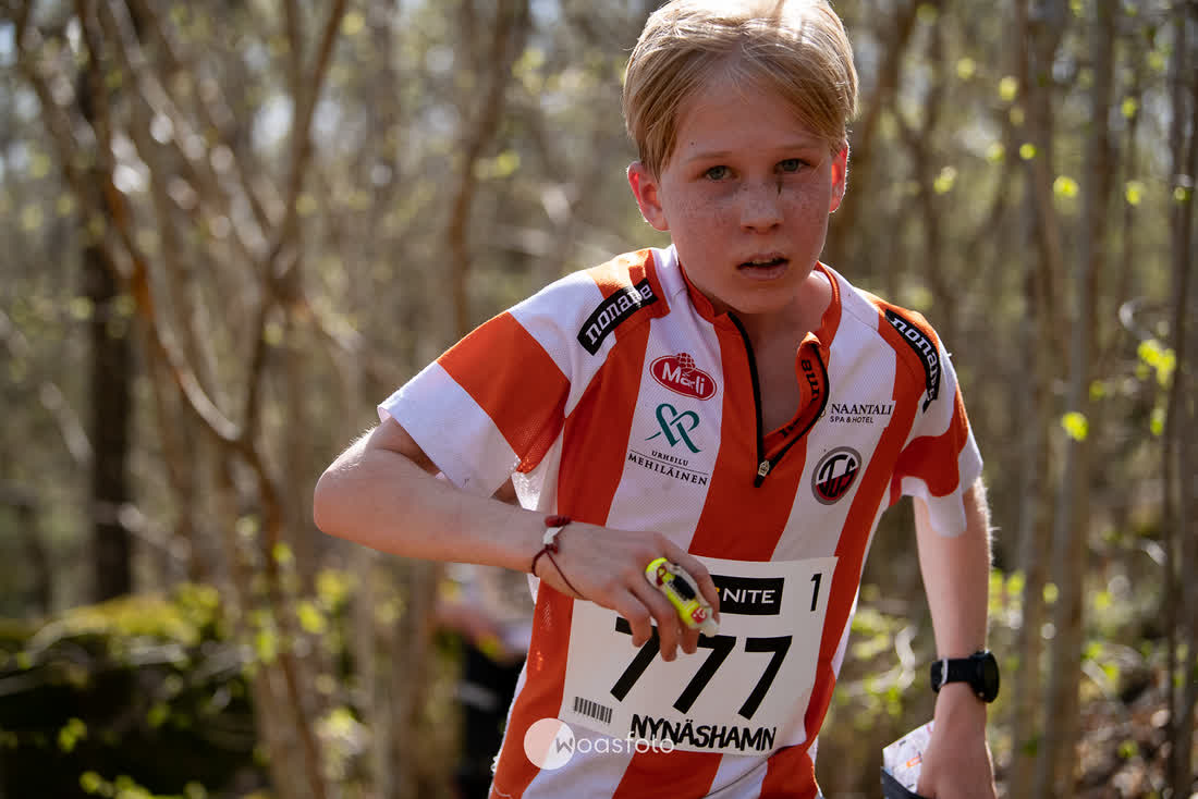 A young orienteer running through spring birch forest at 10MILA